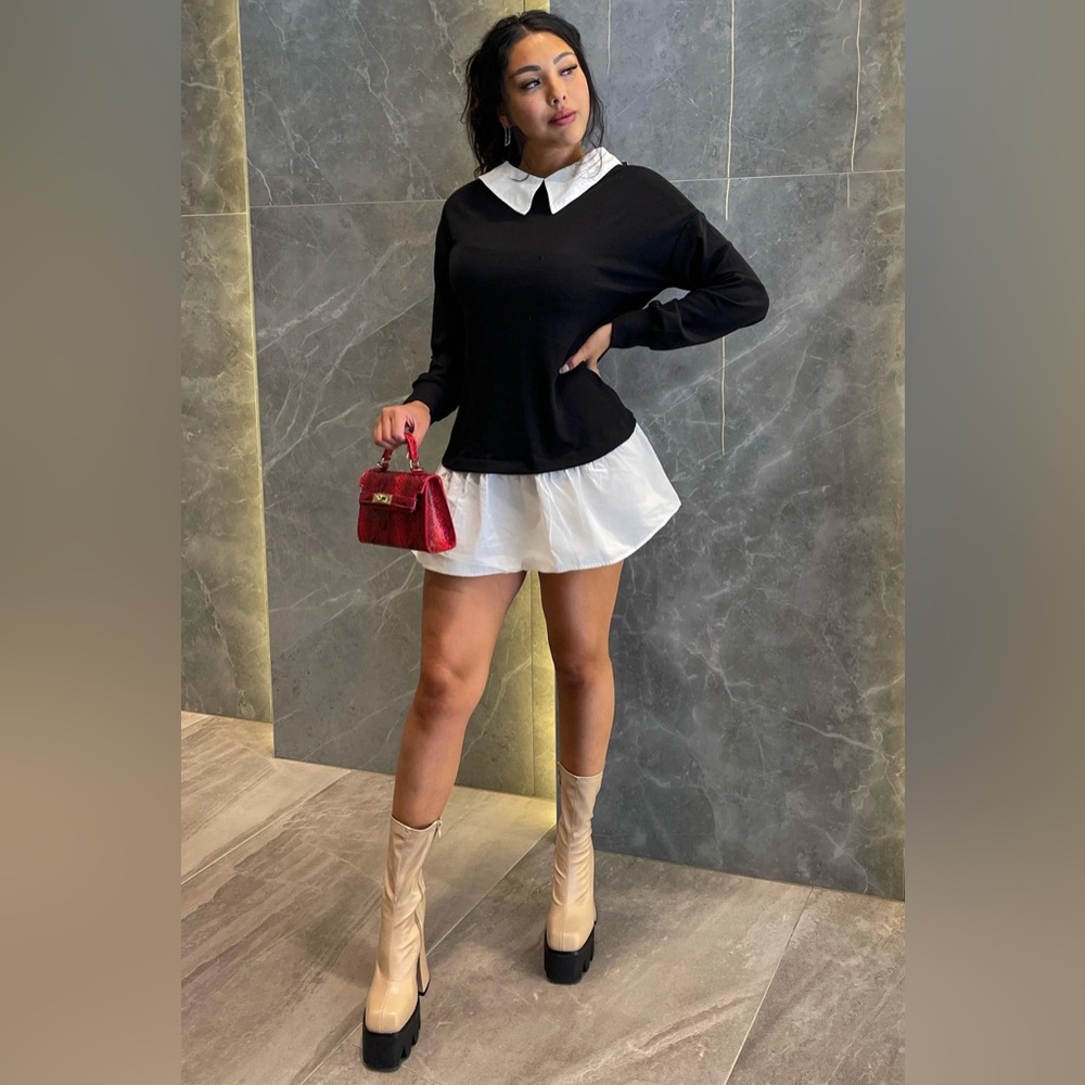 Brand New Black Sweater Tunic with White Collar